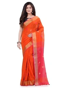 Handloom Khadi Cotton Ball Buta Saree - Orange & Pink