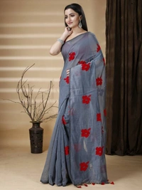 Handloom Floral Embroidered Cotton Blend Saree - Gray