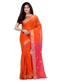 Handloom Khadi Cotton Ball Buta Saree - Orange & Pink
