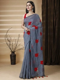 Handloom Floral Embroidered Cotton Blend Saree - Gray