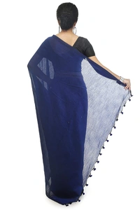 Handloom Solid Color Pompom Saree - Blue
