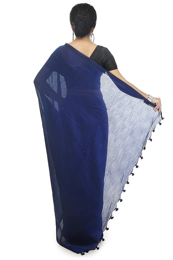 Handloom Solid Color Pompom Saree - Blue