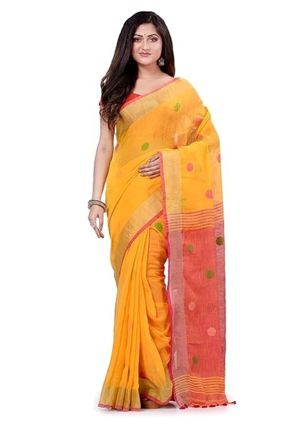 Handloom Khadi Cotton Ball Buta Saree - Yellow & Red