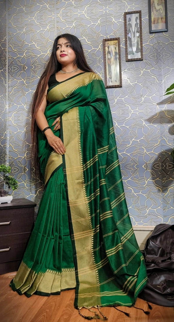 Handloom Woven Temple Border Cotton Saree - Green