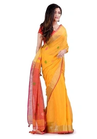 Handloom Khadi Cotton Ball Buta Saree - Yellow & Red