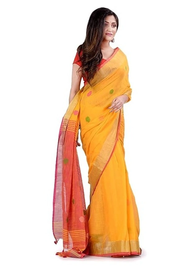 Handloom Khadi Cotton Ball Buta Saree - Yellow & Red