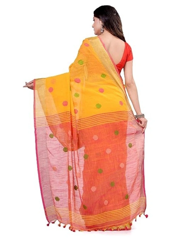 Handloom Khadi Cotton Ball Buta Saree - Yellow & Red