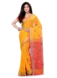 Handloom Khadi Cotton Ball Buta Saree - Yellow & Red