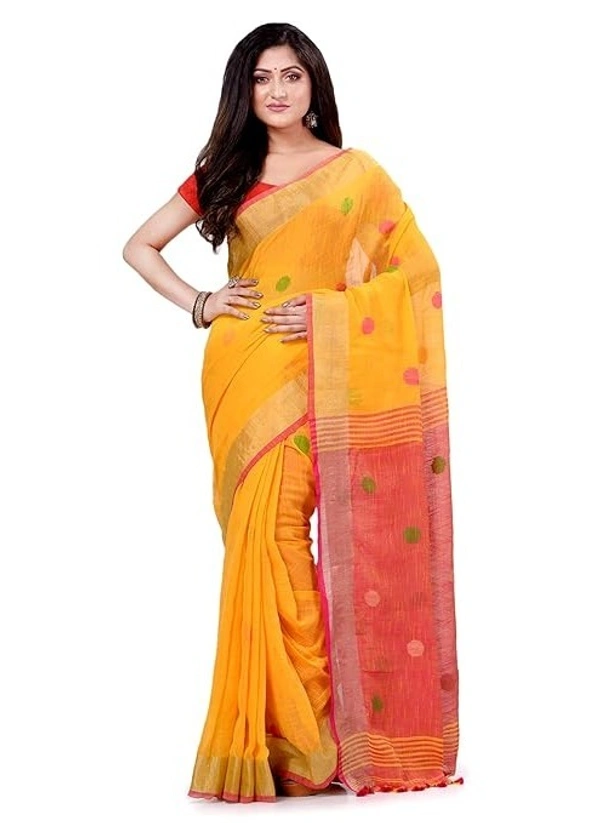 Handloom Khadi Cotton Ball Buta Saree - Yellow & Red