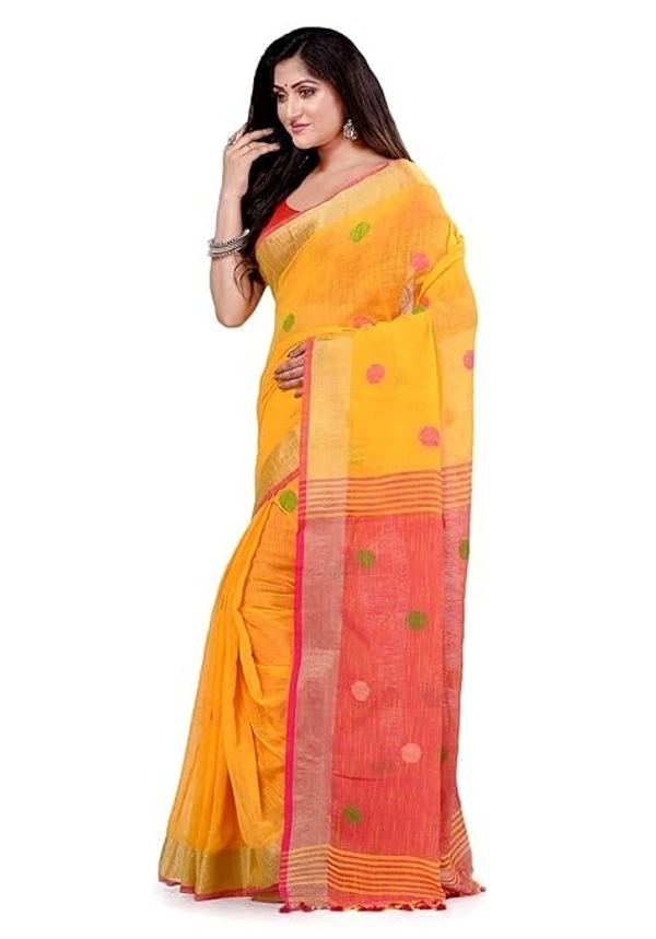 Handloom Khadi Cotton Ball Buta Saree - Yellow & Red