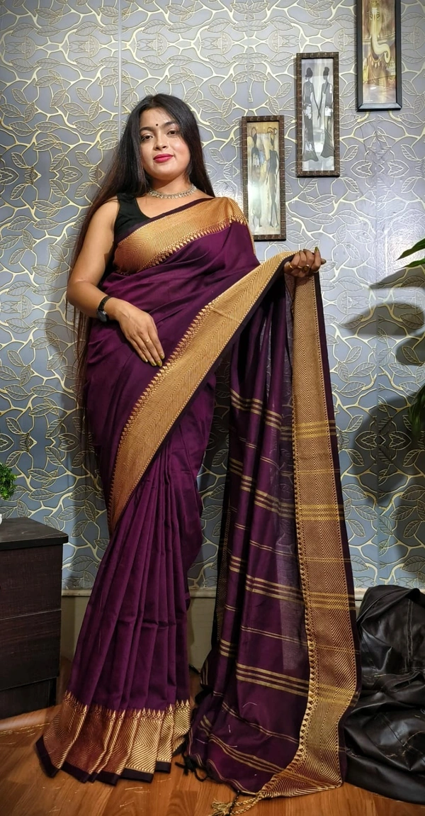 Handloom Woven Temple Border Cotton Saree - Maroon