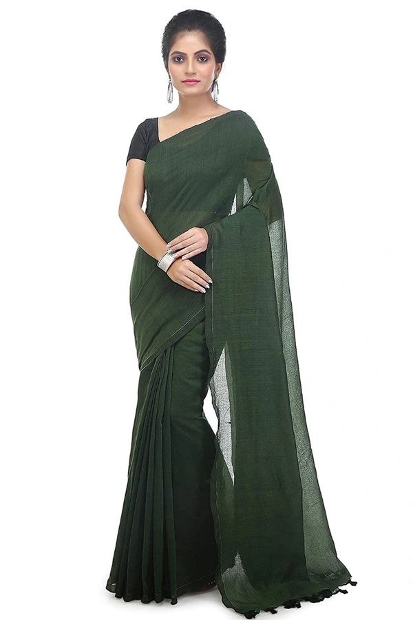 Handloom Solid Color Pompom Saree - Dark Green