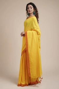 Handloom Solid Color Contrast Border Cotton Saree  - Yellow