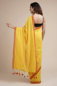 Handloom Solid Color Contrast Border Cotton Saree  - Yellow