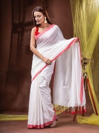 Handloom Solid Color Contrast Border Cotton Saree  - White