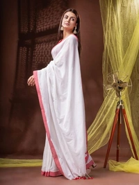 Handloom Solid Color Contrast Border Cotton Saree  - White