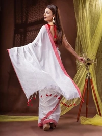 Handloom Solid Color Contrast Border Cotton Saree  - White