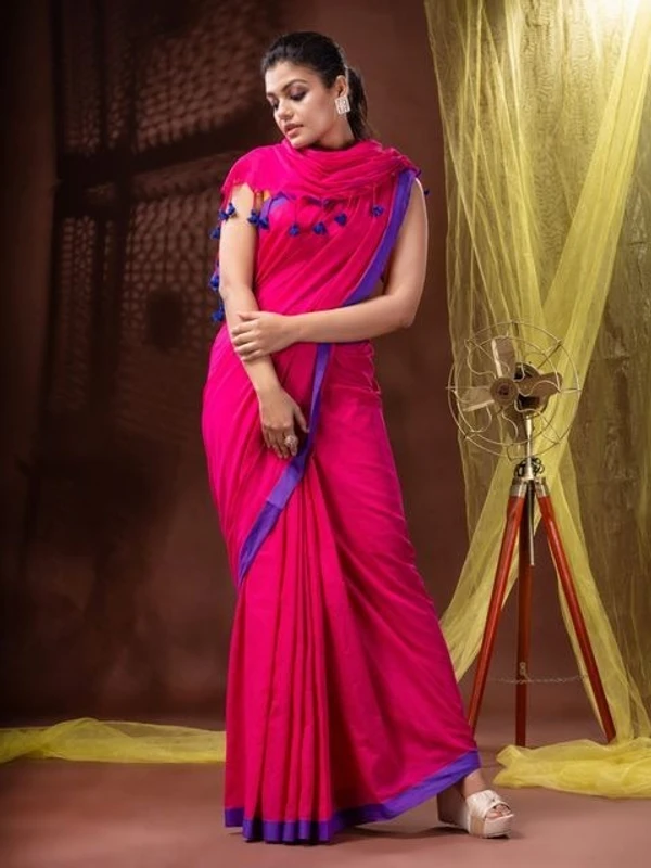 Handloom Solid Color Contrast Border Saree  - Rose, Cotton, Cotton (CK)