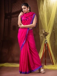 Handloom Solid Color Contrast Border Saree  - Rose