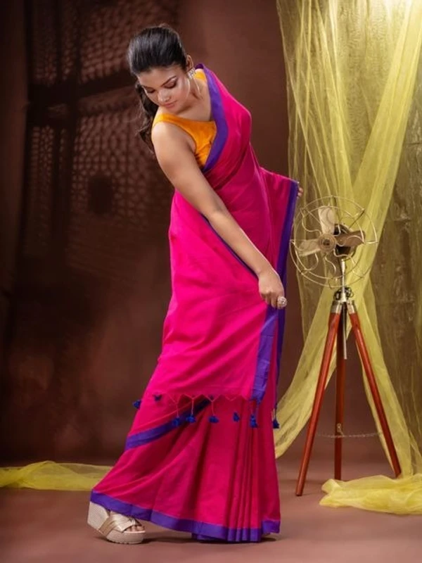 Handloom Solid Color Contrast Border Saree  - Rose