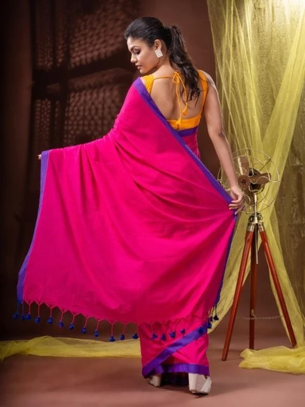 Handloom Solid Color Contrast Border Saree  - Rose