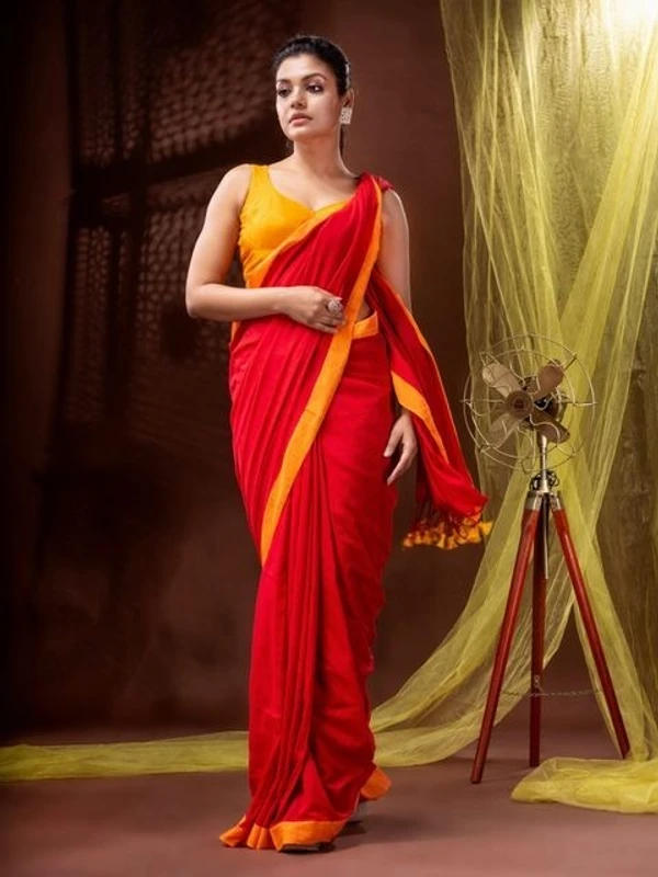 Handloom Solid Color Contrast Border Saree  - Red, Cotton, Cotton (CK)