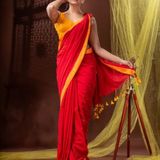 Handloom Solid Color Contrast Border Saree  - Red, Cotton, Cotton (CK)