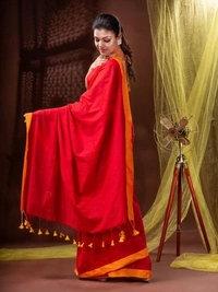 Handloom Solid Color Contrast Border Saree  - Red