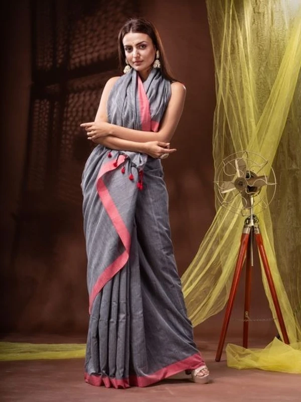 Handloom Solid Color Contrast Border Saree  - Gray, Cotton, Cotton (CK)