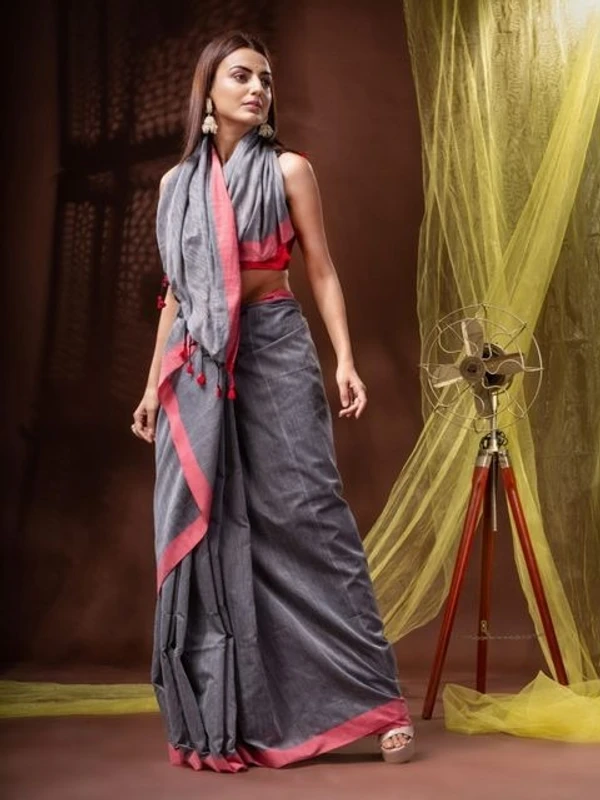 Handloom Solid Color Contrast Border Saree  - Gray, Cotton, Cotton (CK)