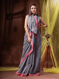 Handloom Solid Color Contrast Border Saree  - Gray, Cotton, Cotton