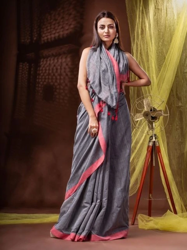 Handloom Solid Color Contrast Border Saree  - Gray, Cotton, Cotton (CK)