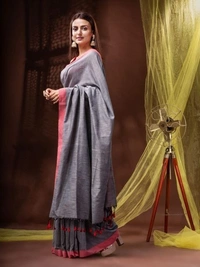 Handloom Solid Color Contrast Border Saree  - Gray, Cotton, Cotton