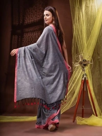 Handloom Solid Color Contrast Border Saree  - Gray, Cotton, Cotton