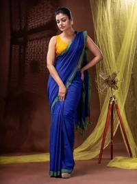 Handloom Solid Color Contrast Border Saree  - Blue, Cotton, Cotton