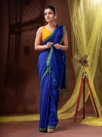 Handloom Solid Color Contrast Border Saree  - Blue, Cotton, Cotton