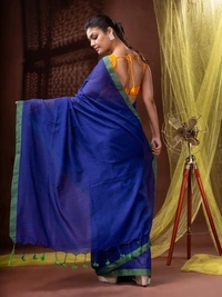 Handloom Solid Color Contrast Border Saree  - Blue, Cotton, Cotton