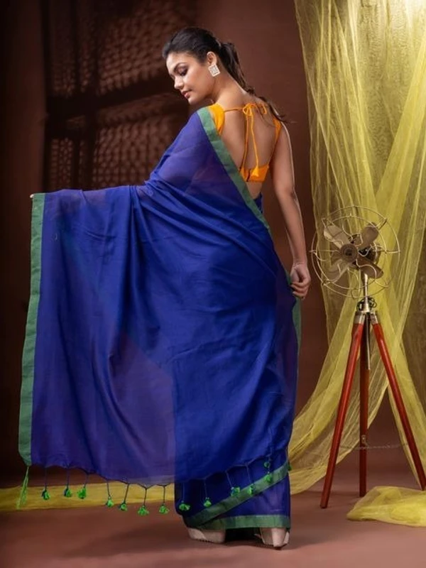 Handloom Solid Color Contrast Border Saree  - Blue, Cotton, Cotton (CK)