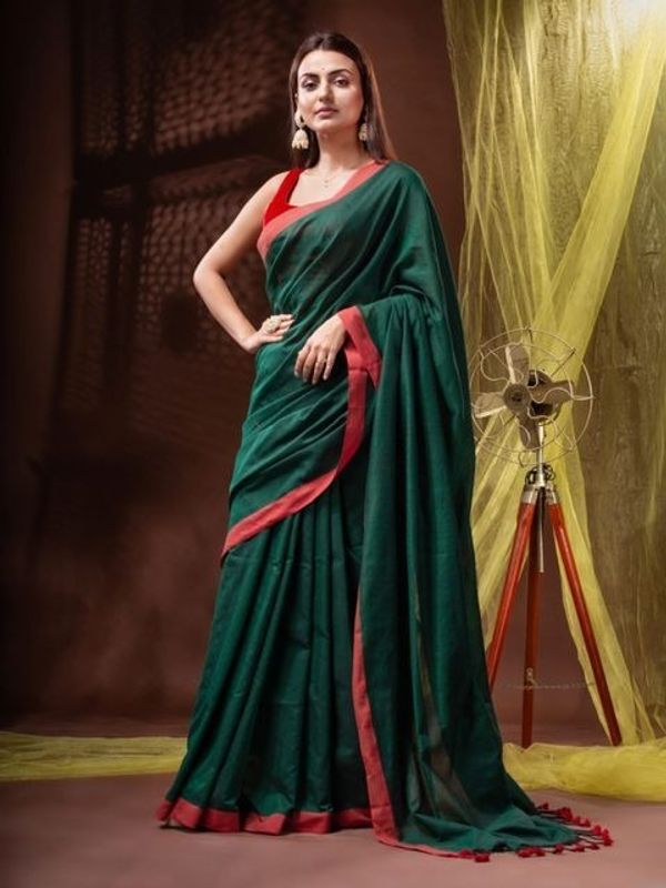 Handloom Solid Color Contrast Border Saree  - Cardin Green, Cotton, Cotton (CK)