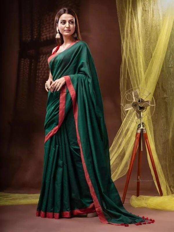 Handloom Solid Color Contrast Border Saree  - Cardin Green, Cotton, Cotton (CK)