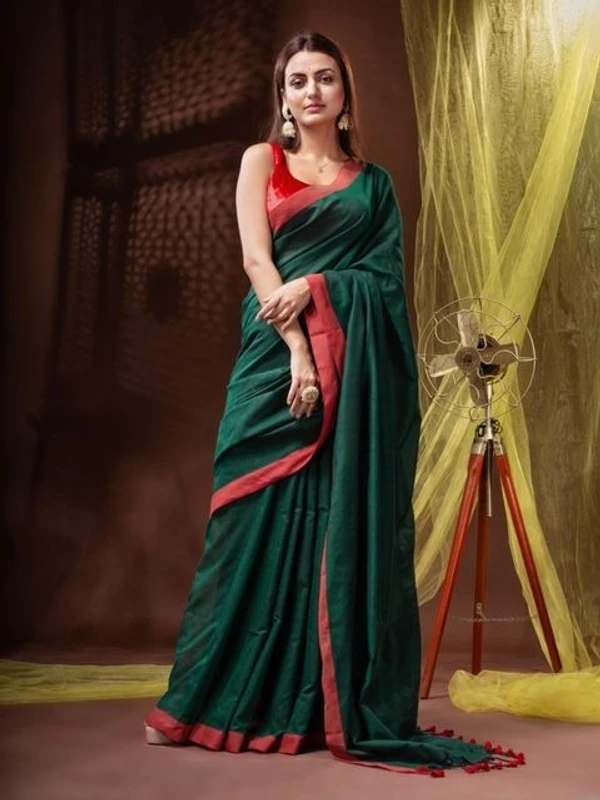 Handloom Solid Color Contrast Border Saree  - Cardin Green, Cotton, Cotton (CK)