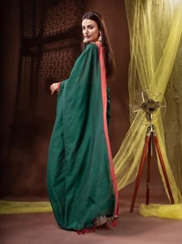 Handloom Solid Color Contrast Border Saree  - Cardin Green, Cotton, Cotton (CK)
