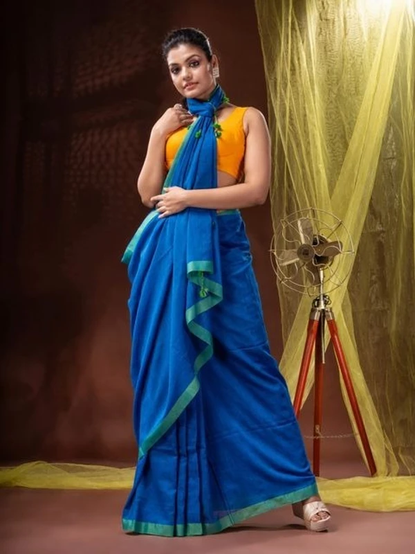 Handloom Solid Color Contrast Border Saree  - Royal Blue, Cotton, Cotton (CK)