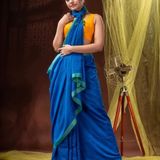 Handloom Solid Color Contrast Border Saree  - Royal Blue, Cotton, Cotton (CK)