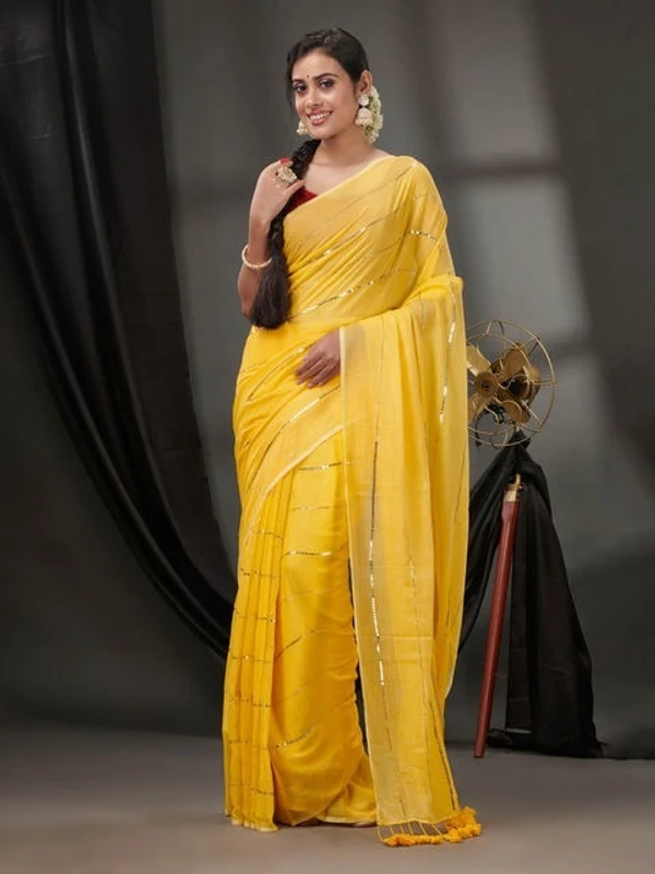 Handloom Sequence Chain Cotton Saree  - Yellow