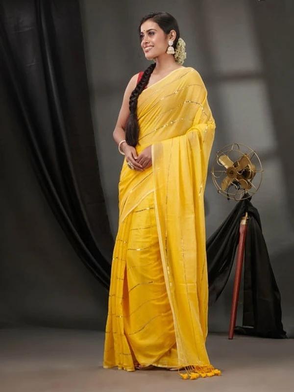 Handloom Sequence Chain Cotton Saree  - Yellow