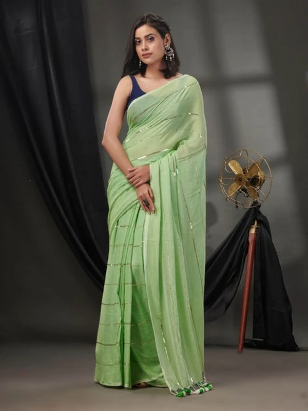 Handloom Sequence Chain Cotton Saree - Granny Smith Apple