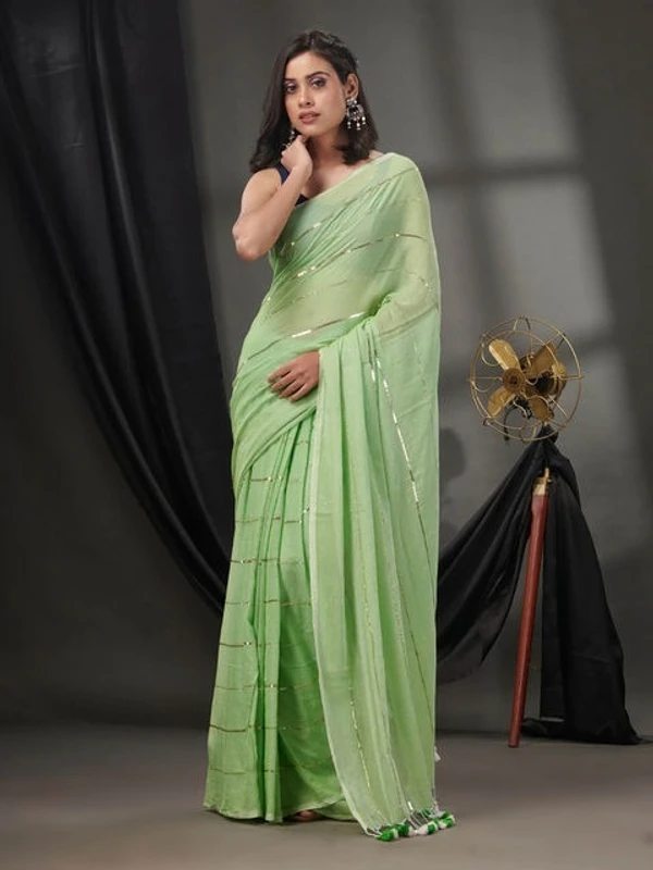 Handloom Sequence Chain Cotton Saree - Granny Smith Apple