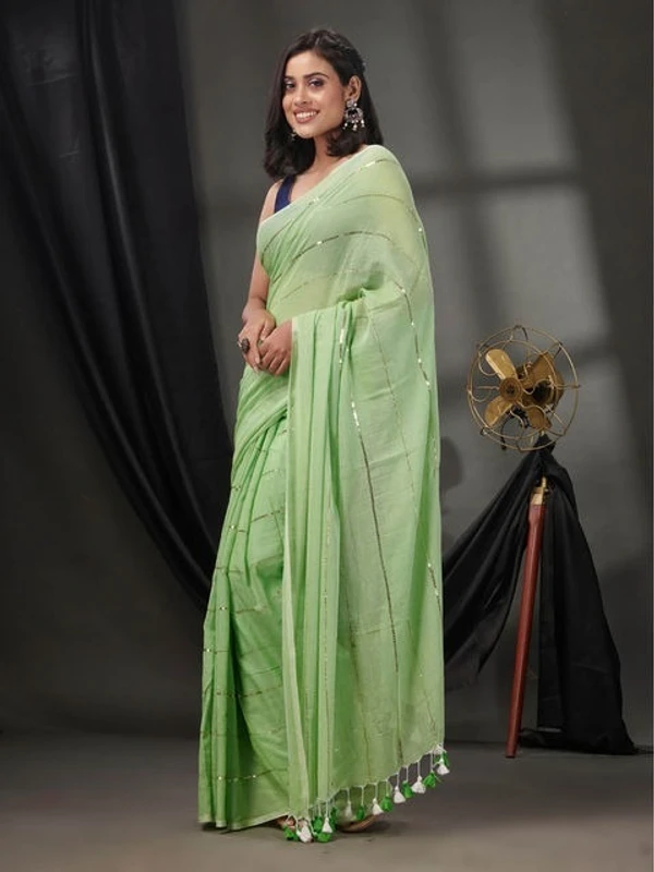 Handloom Sequence Chain Cotton Saree - Granny Smith Apple