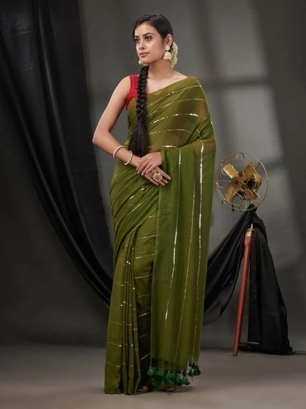 Handloom Sequence Chain Cotton Saree - Costa Del Sol